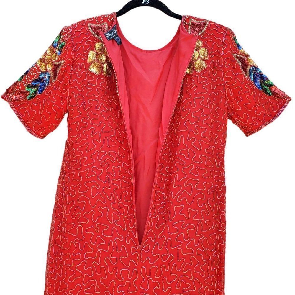 80s Cocktail Dress Short Formal Womens M Red Silk Beaded Embellished Jewel Queen - Picture 11 of 16